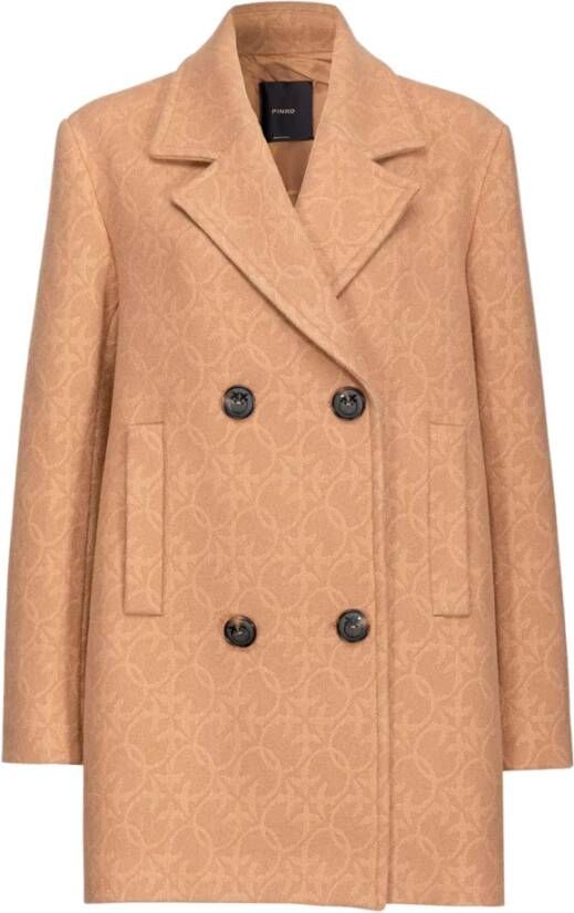 Pinko Bruine Double-Breasted Korte Jas met Logoprint Brown Dames