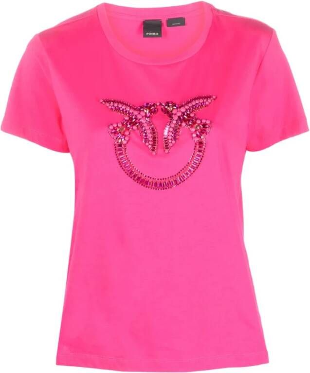 Pinko Korte Mouw Fuchsia Love Birds T-Shirt L Roze Dames