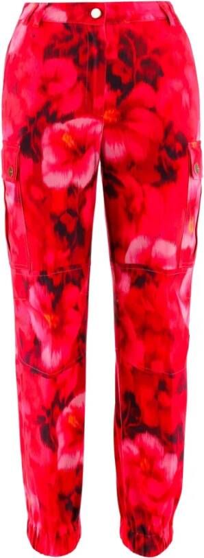 Pinko Pants made of cotton drill High waist with belt loops Muti-pocket design Button and zipper front closure Hibiscus all-over print Elasticized ankles Fuchsia Rood Dames