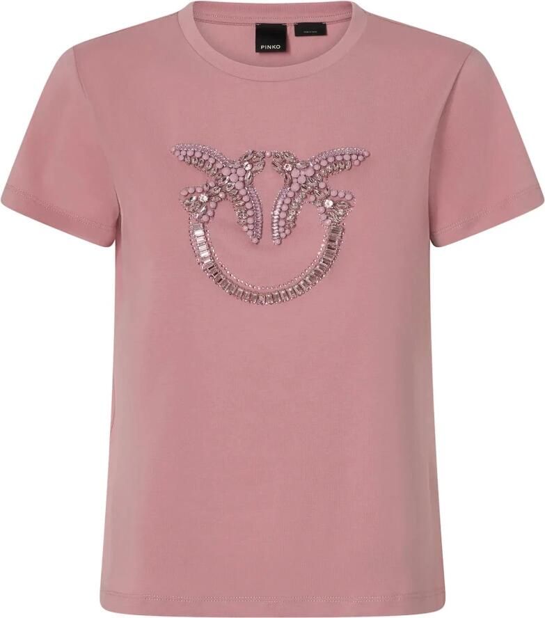 Pinko Love Birds Geborduurd Jersey T-shirt Pink Dames