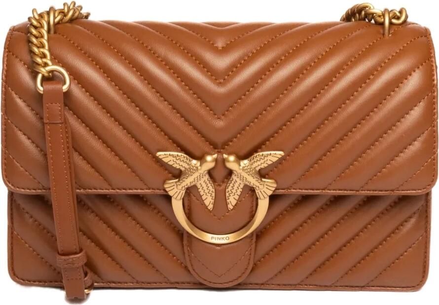 Pinko Bruine leren schoudertas met logo Brown Dames