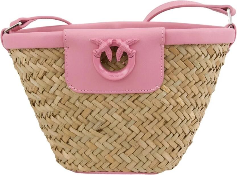 Pinko Handgeweven Raffia Leren Tas Natuurlijk Roze Multicolor Dames - Foto 4