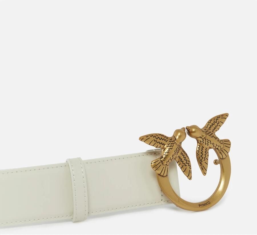 Pinko Hoog Taille Zacht Leren Riem met Love Birds Diamond Cut Gesp Wit Dames