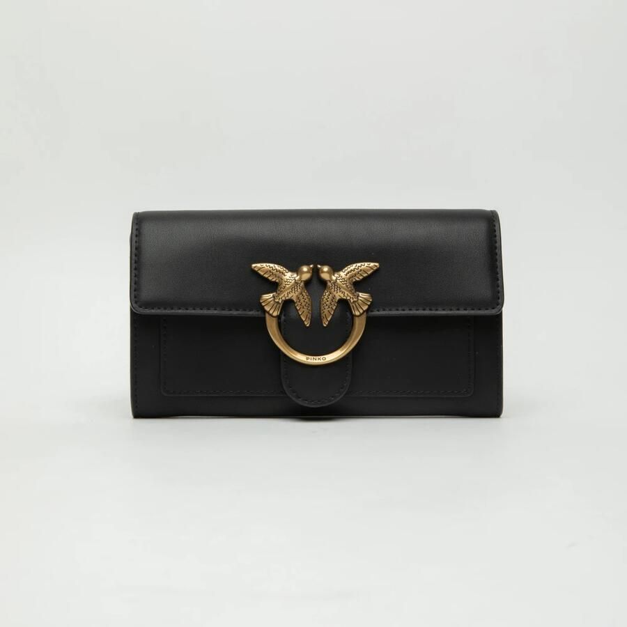 Pinko Zwarte Leren Portemonnee Liefdesvogels Detail Black Dames