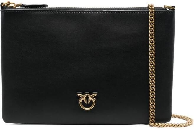 Pinko Platte Leren Schoudertas met Love Birds Diamond Cut Black Dames