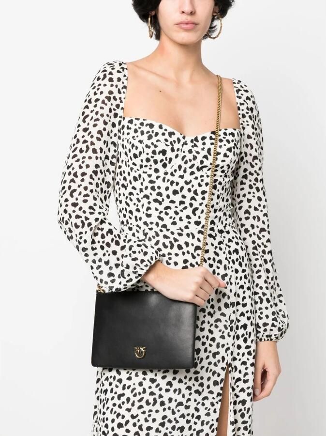 Pinko Platte Leren Schoudertas met Love Birds Diamond Cut Black Dames