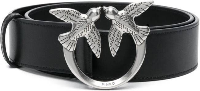 Pinko Hoge taille leren riem met Love Birds Diamond Cut gesp Zwart Dames