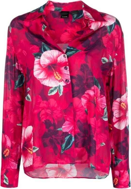 Pinko Contto Camicia Crepe DE Chine Stampa Hibiscus Rood Dames