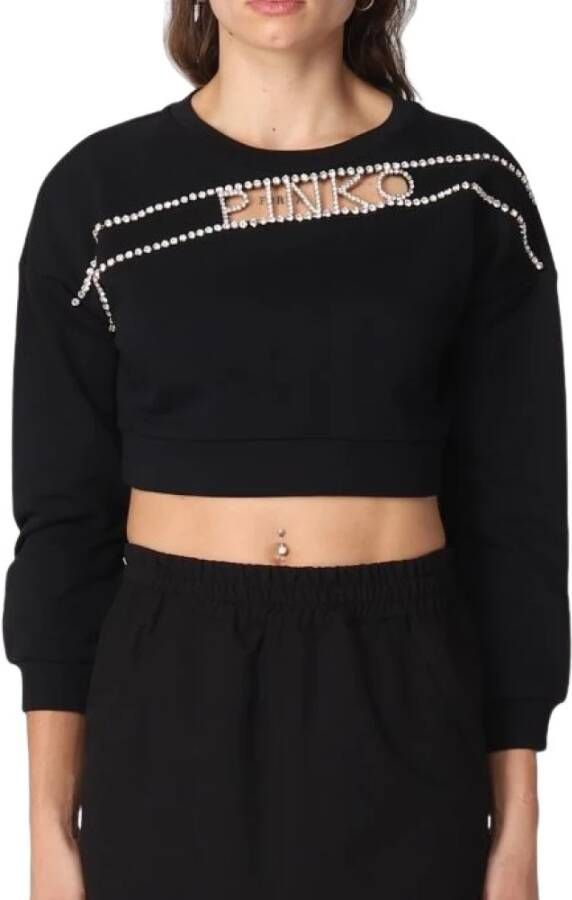 Pinko Zachte Katoenen Sweatshirt met Kristal Logo Detail Black Dames