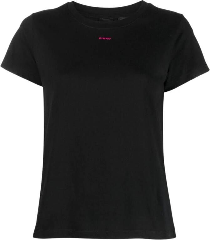 Pinko Zwarte katoenen T-shirt met mini fluorescerend roze logo Zwart Dames