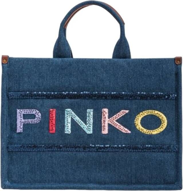 Pinko Logo Geborduurde Denim Shopper Blue Dames
