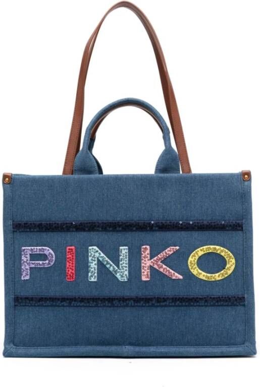 Pinko Denim Logo Geborduurde Shopper Blue Dames