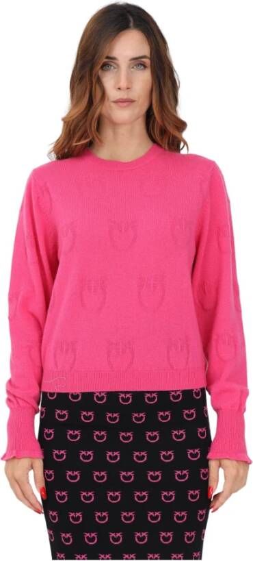 Pinko Fuchsia Ronde Hals Logo Patroon Kasjmier Trui Pink Dames