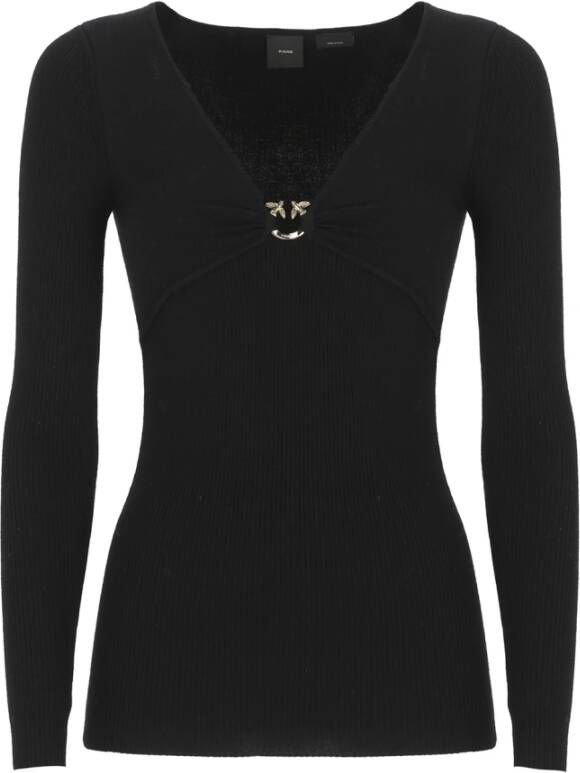 Pinko Zwarte Geribbelde Trui met Love Birds Gesp Black Dames