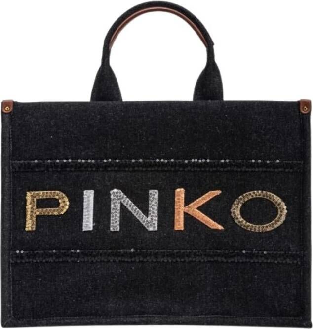 Pinko Vierkante Design Denim Shopper Tas Zwart Dames