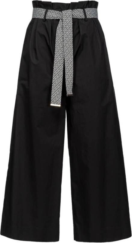 Pinko Wijde broek van katoen met hoge taille en logo patroon Black Dames