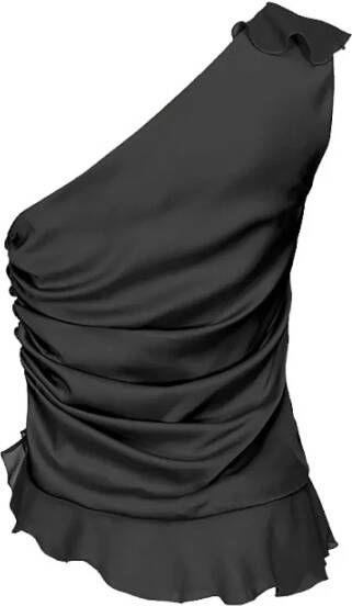 Pinko Zwarte Satijnen One-Shoulder Top met Georgette Ruffle Zwart Dames