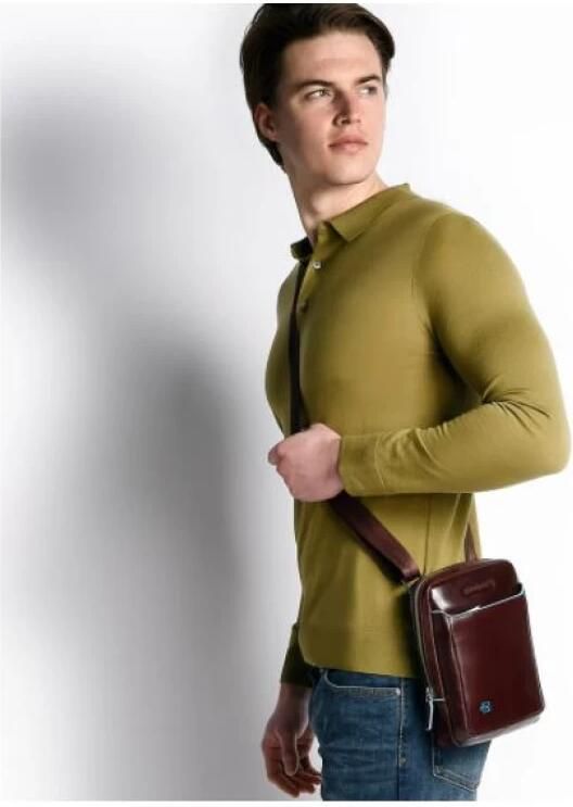 Piquadro Leren Heren Schoudertas met Ritssluiting Blauw Heren