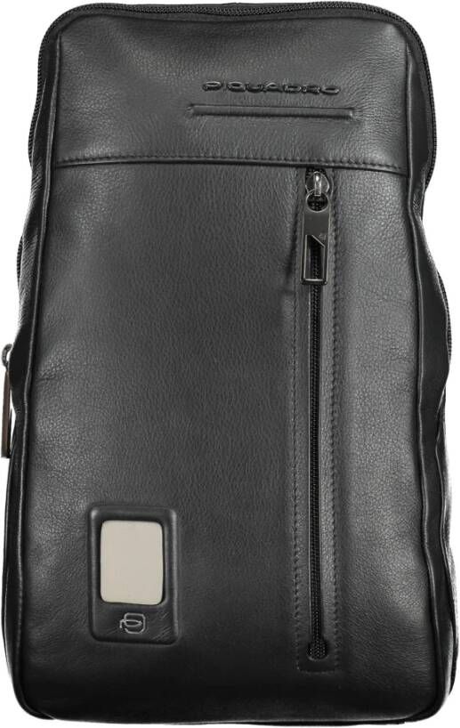 Piquadro Zwarte Leren Schoudertas met Laptop Ruimte Black Heren