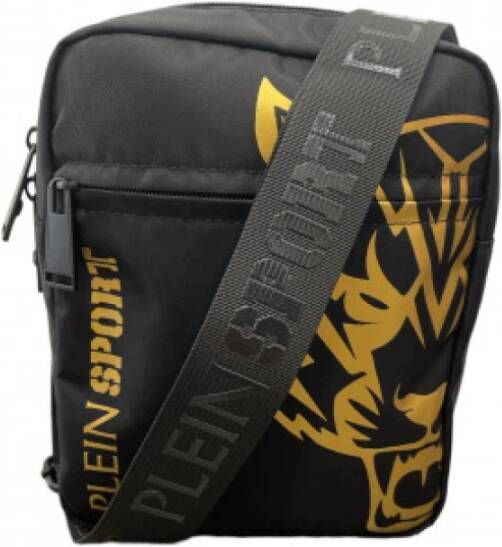 Plein Sport Zwarte nylon schoudertas met voorvak met ritssluiting en gouden logocontrast Black Heren