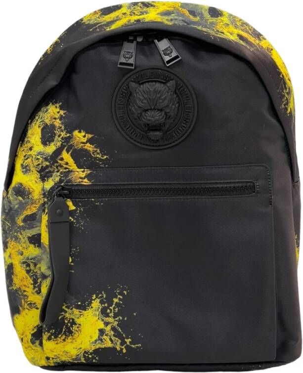 Plein Sport Zwarte nylon rugzak met geel contrastprint Grijs Heren