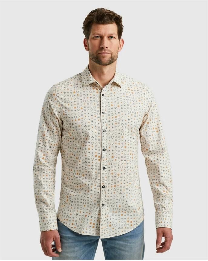 PME Legend Gedrukte Poplin Overhemd Lange Mouw Beige Heren