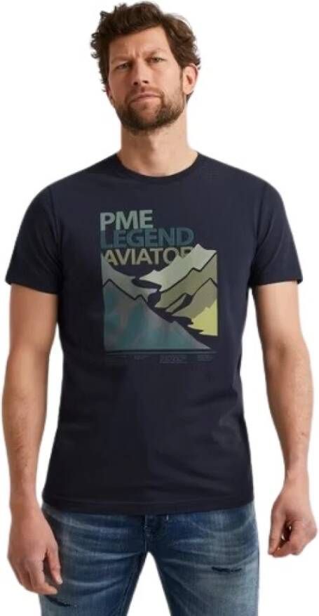 PME Legend Comfortabel Jersey T-shirt met Ronde Hals en Borst Artwork Blue Heren