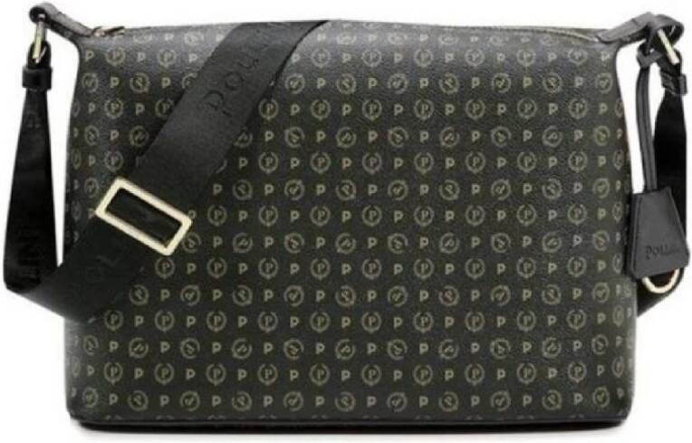 Pollini Elegante Zwarte Schoudertas met Heritage Print en Zwarte Inzetstukken Zwart Dames