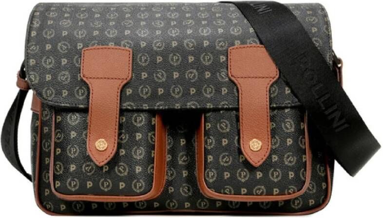 Pollini Grote Zwarte Messenger Schoudertas met Heritage Print en Bruine Inzetstukken Zwart Dames