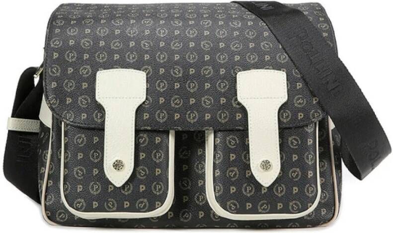 Pollini Grote Zwarte Messenger Schoudertas met Heritage Print en Ivory Inzetstukken Zwart Dames