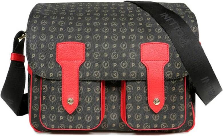 Pollini Grote Zwarte Messenger Schoudertas met Heritage Print en Rode Inzetstukken Zwart Dames
