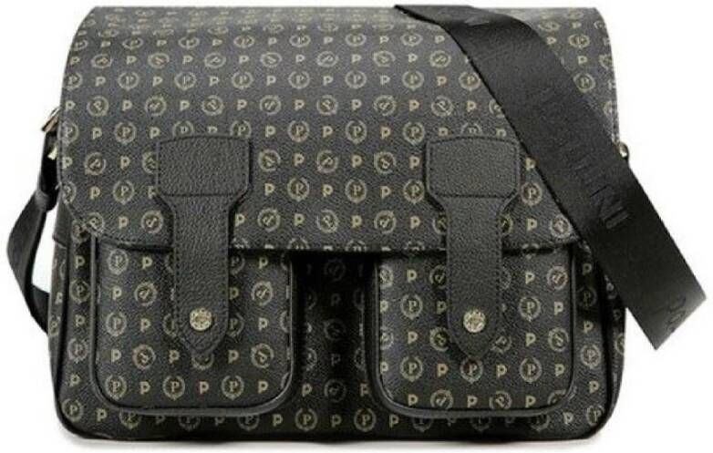 Pollini Grote Zwarte Messenger Schoudertas met Heritage Print en Zwarte Inzetstukken Zwart Dames