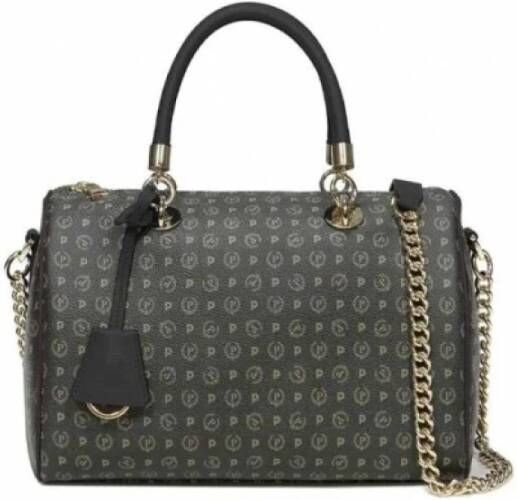 Pollini Logo Print PVC Schoudertas met leren afwerking en gouden ketting Black Dames
