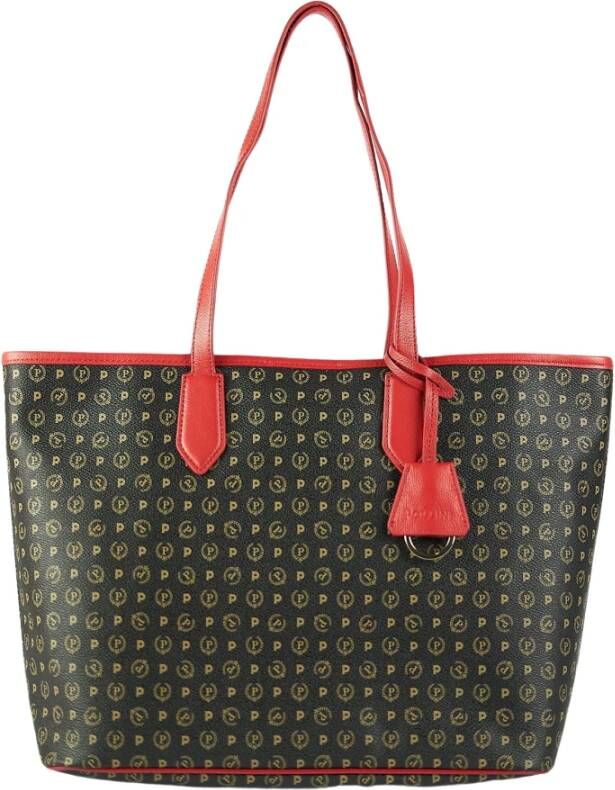 Pollini Elegante Zwarte Schoudertas met Heritage Print en Rode Inzetstukken Black Dames