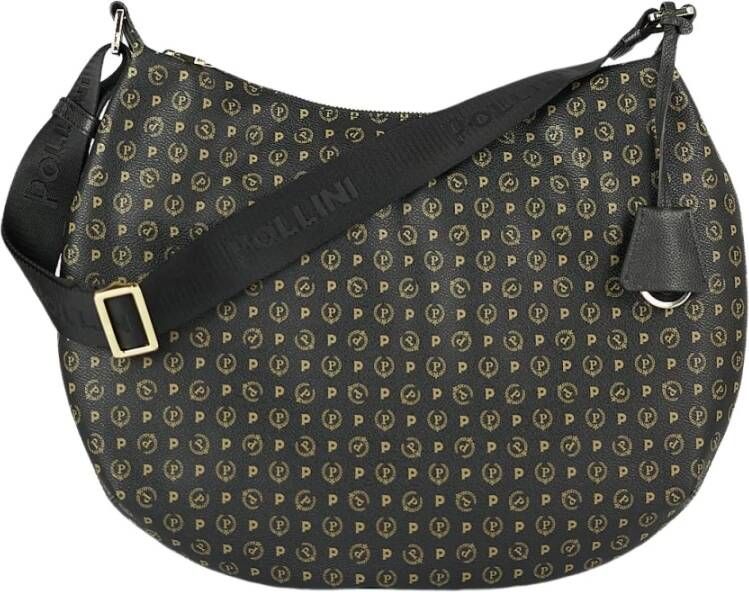 Pollini Zwarte Halvemaan Schoudertas met Heritage Print en Zwarte Inzetstukken Black Dames
