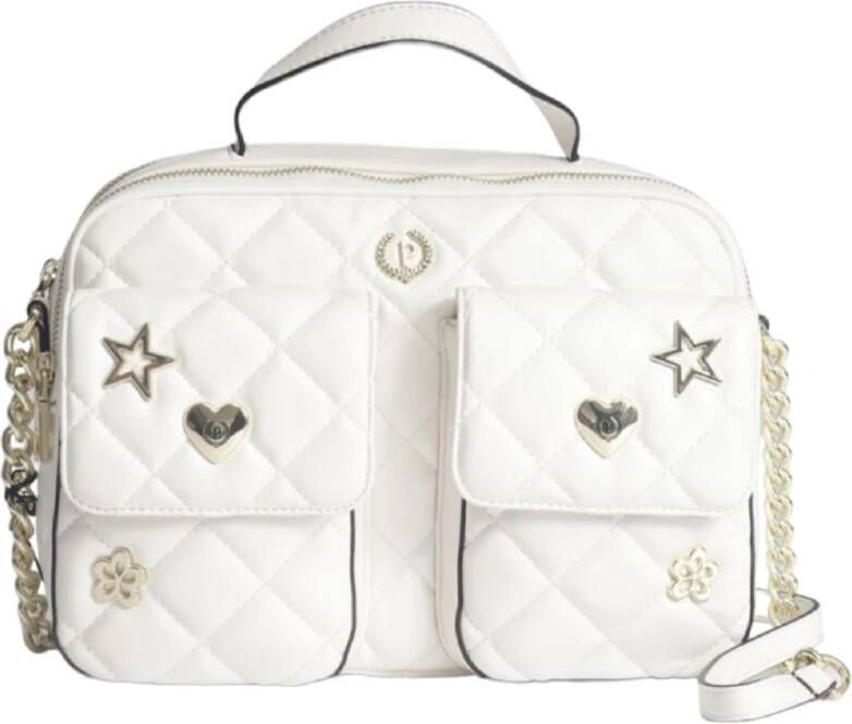 Pollini Witte Glanzende Schoudertas met Twee Klepzakken en Gouden Metalen Details White Dames