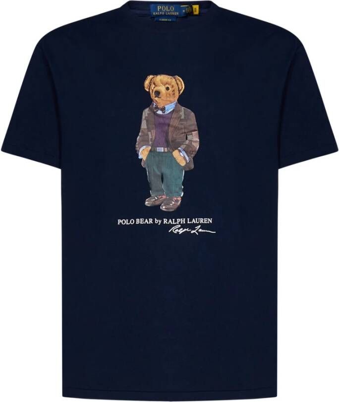 Polo Ralph Lauren Blauwe Geribbelde Crewneck T-shirts en Polos met Polo Bear Grafisch Blauw Heren