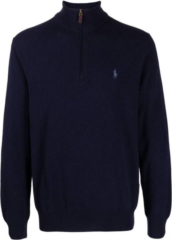 Polo Ralph Lauren Navy Blauwe Wollen Trui met Halve Rits Zwart Heren