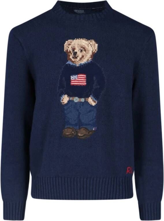 Polo Ralph Lauren Blauwe Ribgebreide Crewneck Sweaters met Polo Bear Blauw Heren