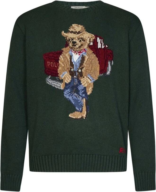 Polo Ralph Lauren Groene Ribgebreide Crewneck Sweater met Polo Bear Intarsia-Knit Green Heren