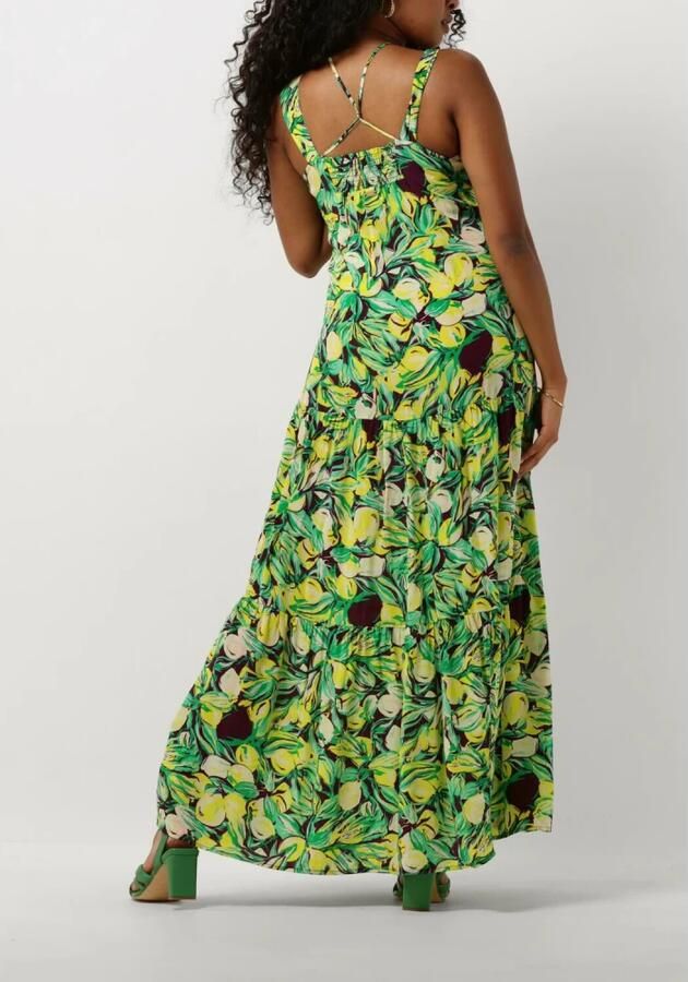 POM Amsterdam maxi jurk met all over print met open rug groen geel - Foto 2