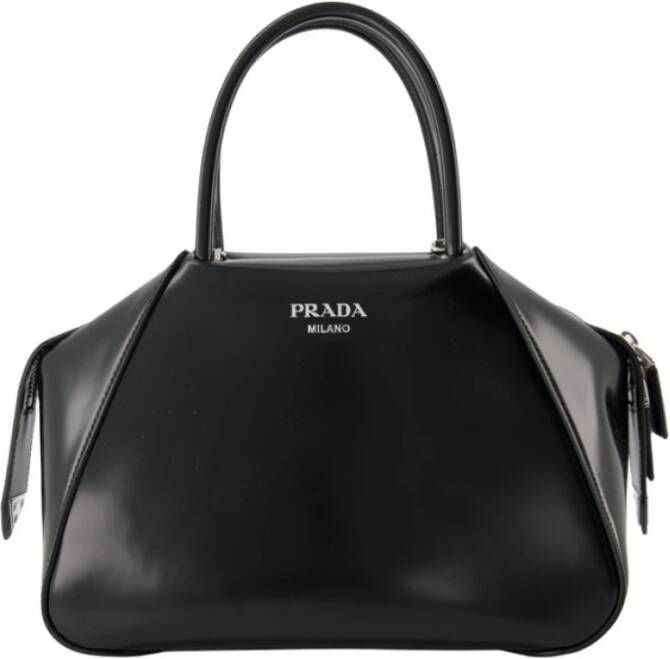 Prada Satchels Small Logo Handle Bag Leather in black