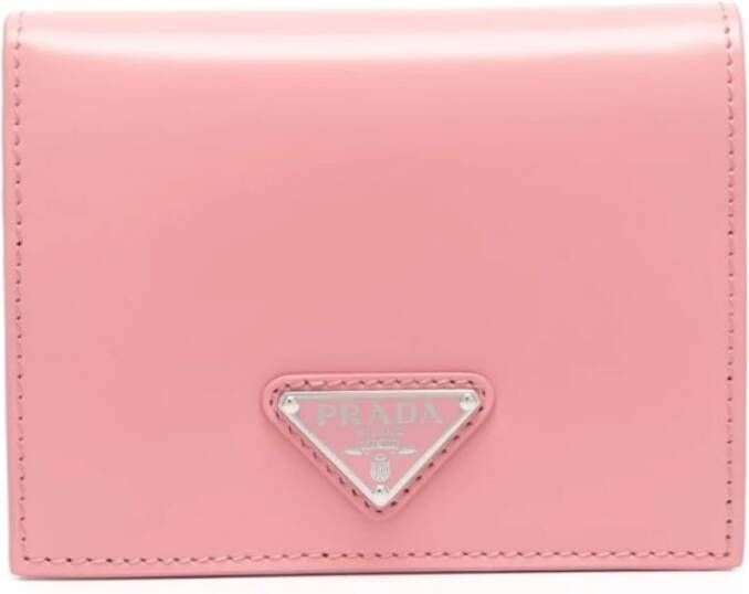 Prada Stijlvolle leren portemonnee met gepolijste afwerking en emaille logo Roze Dames