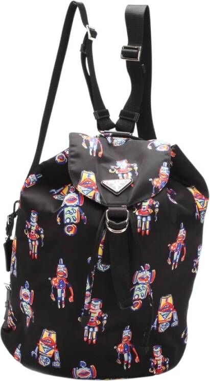 Prada Vintage Tessuto Robot Print Backpack Zwart Dames