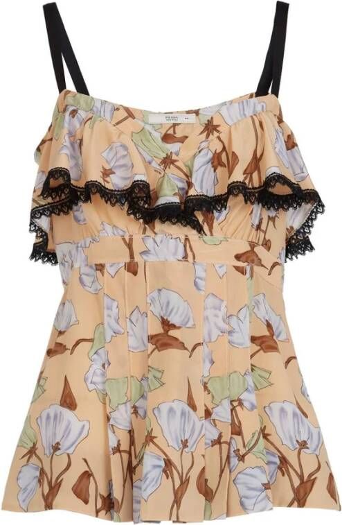 Prada Vintage Voldoende bloemenprint zijden top met kantdetail Beige Dames