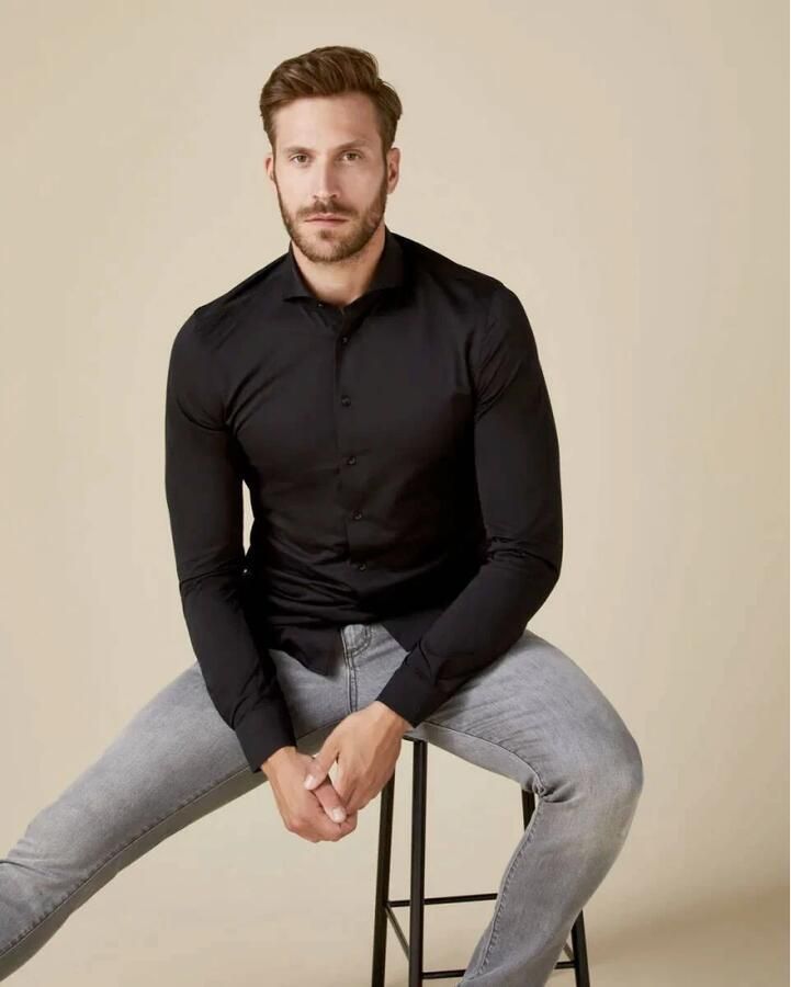 PROFUOMO Heren Overhemden Shirt X-cutaway Japanese Knitted Zwart - Foto 11