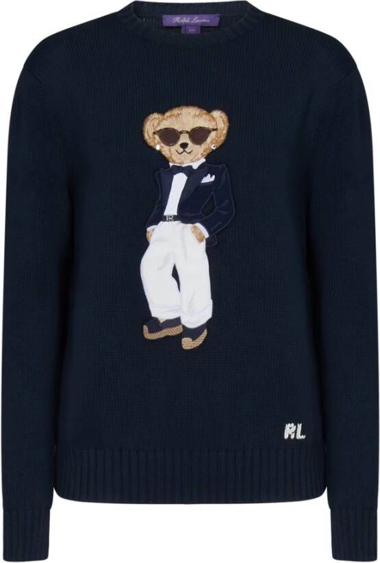 Ralph Lauren Blauwe Gebreide Trui met Polo Bear Patch Blauw Dames