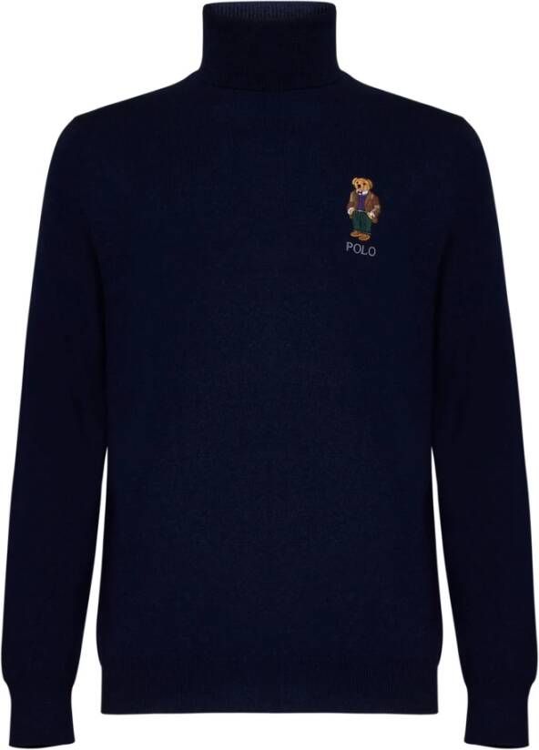Ralph Lauren Blauwe Wol Roll Neck Sweater met Polo Bear Borduursel Blauw Heren
