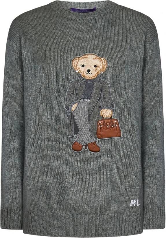 Ralph Lauren Grijze Ribgebreide Trui met Berenborduursel en Leren Accenten Grijs Dames