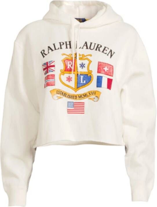 Ralph Lauren Korte Ecru Sweatshirt met Parel Details en Capuchon Wit Dames